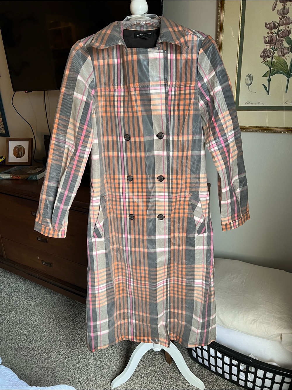 Something Navy Double-Breasted Plaid Trench Coat